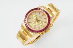 Rolex Daytona Replica with Diamond Bezel Gold Dial Red Diamond Bezel Gold Stainless Steel Strap Watch